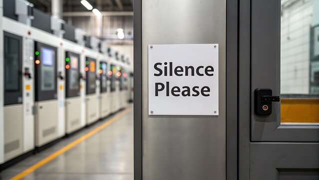 Industrial machinery in a factory setting with a silence please sign on a door, perfect for representing manufacturing operations and workplace guidelines.