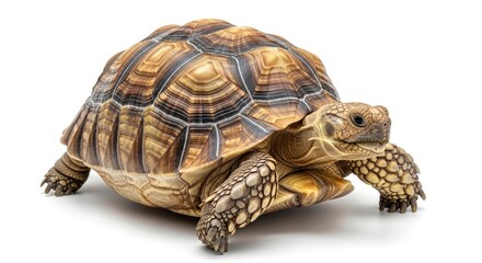 Naklejka premium A brown and tan tortoise with a patterned shell stands on a white surface looking forward