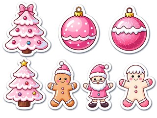 Fototapeta premium A Cute and Festive Pink Christmas Themed Kawaii Sticker and Clipart Set