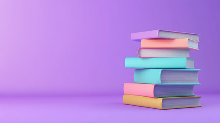 Stack of pastel books on a purple background, creating a visually appealing and calming image that promotes reading, education, and the joy of learning
