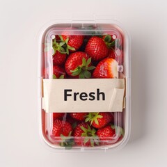 Close-up view of juicy strawberries arranged neatly in a transparent plastic container for sale