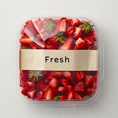 Close-up image of fresh strawberries in a clear plastic container ready for enjoyment and consumption