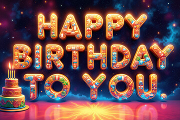 Colorful birthday greeting with illuminated letters and a cake with candles, against a cosmic background.
