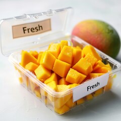 Close-up view of a transparent plastic container filled with an assortment of fresh fruits for sale