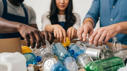 Collective Recycling Effort: A diverse group of volunteers sorts recyclable materials, including plastic bottles and aluminum cans, during a community clean-up event.