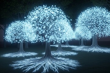 Ethereal Glowing Blue Trees with Illuminated Roots in a Magical Night Forest