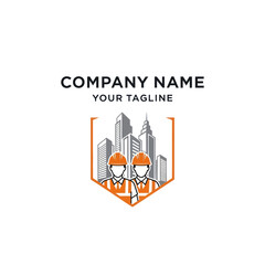 Modern Construction Engineering Company Logo with Urban Cityscape and Two Professional Workers in Hard Hats, Safety Vests, set in an Hexagon Shield Emblem., Flat Vector Elements, Vector Illustration,