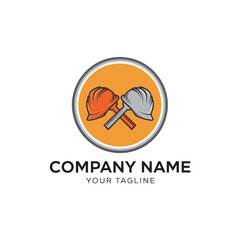 Construction Company Logo with Hard Hat and Grey Pickaxe Emblem on White Background with Tagline, Flat Vector Elements, Vector Illustration, Simple Vector, Stylized Vector Drawing, Vector Template,