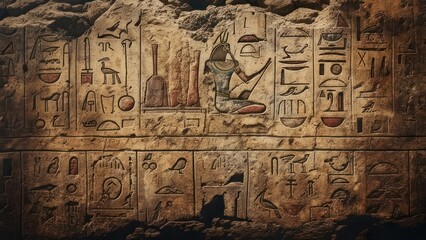 Ancient Egyptian hieroglyphs carved into weathered stone revealing stories of a lost civilization with rich cultural heritage