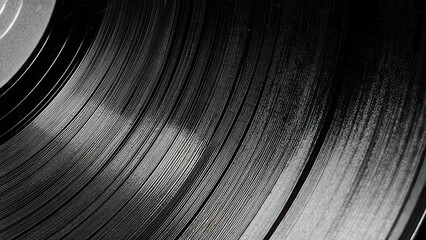 Close up macro shot of black vinyl record grooves, capturing vintage music texture and retro audio detail for nostalgic sound concepts