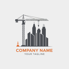 Obraz premium Modern flat design logo illustration for construction or real estate company, featuring a tower crane, city skyline, and traffic cone on a light background, Flat Vector Elements, Vector Illustration,