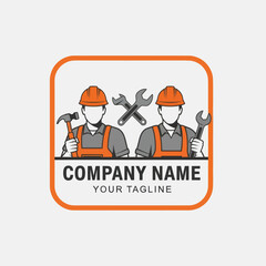 Professional Construction and Handyman Service Logo with Worker in Hard Hat Holding Hammer and Crossed Wrenches, featuring and Grey Design on White Background, Flat Vector Elements, Vector