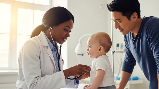 Infant's Wellness Exam: A compassionate African American female doctor attentively listens to the heartbeat of a young baby with the father observing attentively.