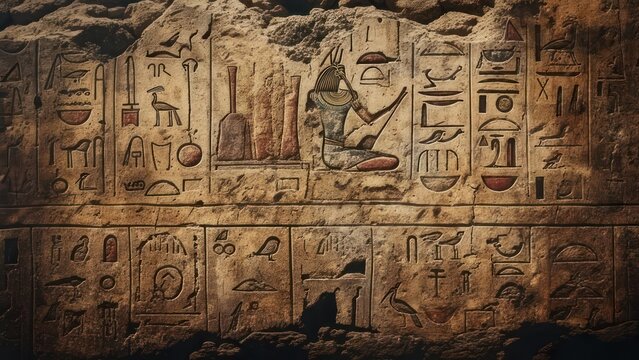 Ancient Egyptian hieroglyphs carved into weathered stone revealing stories of a lost civilization with rich cultural heritage