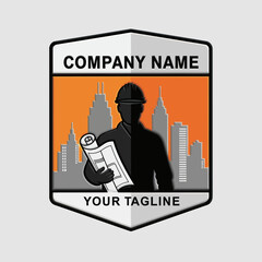 Naklejka premium Professional Engineer or Architect Logo Design with City Skyline and Blueprints, Ideal for Construction and Urban Development Companies., Flat Vector Elements, Vector Illustration, Simple Vector,