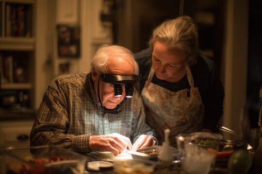 Elderly man and woman cooking together in warm kitchen, activity, teamwork, senior lifestyle, family bond, home cooking, eldercare, intimate moment,