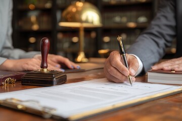 Legal Office Scene with Hand Writing on Document and Stamp on Wooden Desk in Professional Work Environment