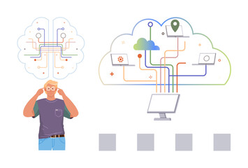 A person visualizing connections between technology tools and cloud computing. Shows cloud, devices, and data arrangement. Ideal for innovation, education, technology, creativity, networking digital