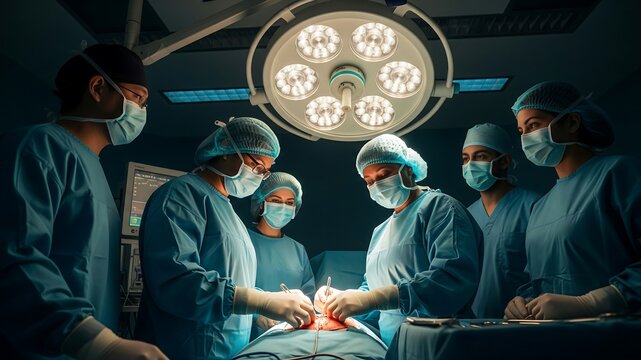 Surgical Precision Teamwork: A diverse team of surgeons wearing sterile gowns and masks collaboratively perform a complex operation under bright surgical lights in a modern operating room.