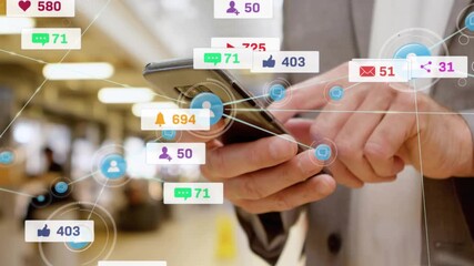 Businessman tapping smartphone, displaying avatar nodes and badges visualizing social media metrics - Powered by Adobe