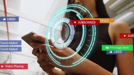 Asian female tapping smartphone in tech lab showing HUD notifications fading into circular overlay - Powered by Adobe
