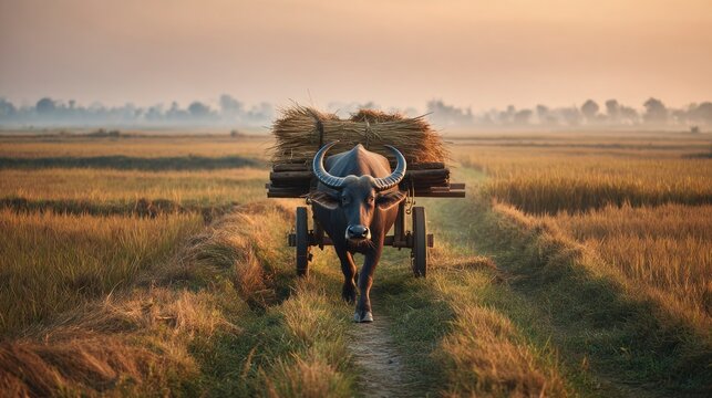 Water buffalo pulling cart harvest