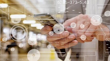 Mature man tapping smartphone screen and forming technology network diagram with numeric codes