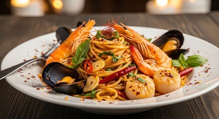 A close-up view of a white plate filled with seafood spaghetti featuring large prawns mussels and seared scallops garnished with red chilies sliced garlic and fresh basil