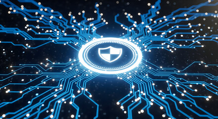 Cyber security shield protecting digital network, modern tech data stream