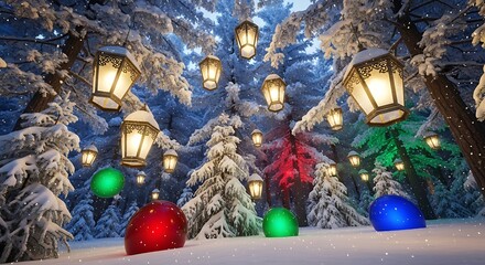 A magical winter wonderland scene with snowcovered trees, glowing lanterns, and colorful orbs creating a festive christmas atmosphere