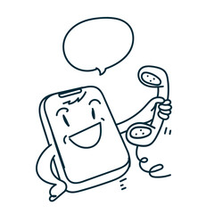 cute cartoon smart phone character holding telephone in doodle sketch 