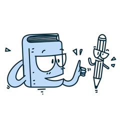 hand drawn doodle happy cartoon book and pencil character talking together