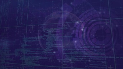 Gridlines animating causing code cascading while 3D globe rotating and HUD rings pulsing data - Powered by Adobe