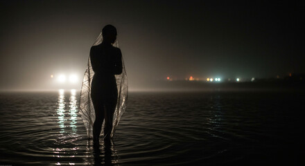 Woman in water at night dark silhouette mysterious figure ocean beach moonlight reflection dark water