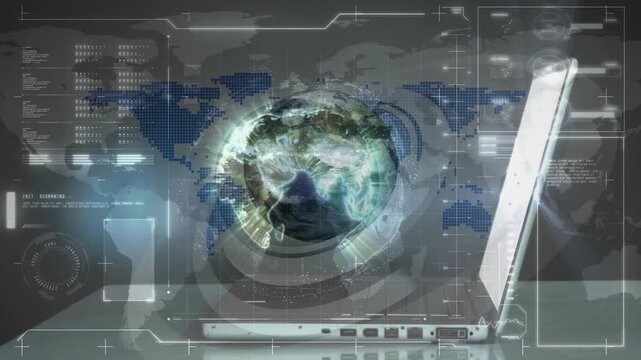 Jacketed hand entering, placing pulsing 3D globe above laptop keyboard activating scanning waves