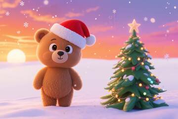 Teddy bear in Santa hat stands beside a decorated Christmas tree in a snowy landscape at sunset, snowflakes falling around.