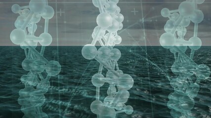 Rolling ocean waves starting molecular chains fading, oscillating with pulsing HUD visualizing data - Powered by Adobe