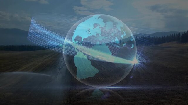 Left light emerging and launching streaks around rotating holographic globe showing data flow