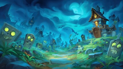 Fototapeta premium Spooky Graveyard Scene with Moonlight and Creepy Tombstones