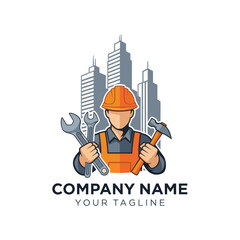 Professional Construction Worker Mechanic Logo with Hard Hat, Wrenches, and City Buildings Silhouette for Repair & Engineering Services, Flat Vector Elements, Vector Illustration, Simple Vector,