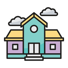 Cartoon building with yellow roof and purple and blue walls