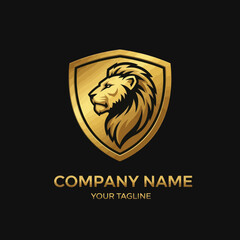 Golden Lion Head Shield Logo Design for Company Branding with Tagline, Premium and Professional Vector Graphic, Flat Vector Elements, Vector Illustration, Simple Vector, Stylized Vector Drawing,