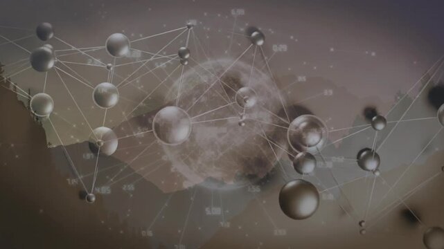 Network of spheres entering frame, growing while drifting, detaching, rejoining for data view