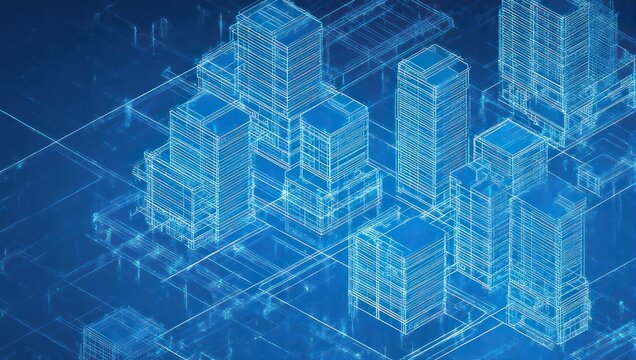Dynamic blueprint of modern city architecture and urban planning, showcasing innovative building designs and smart city infrastructure in glowing blue tones.