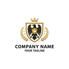 Regal Golden Eagle Shield Logo with Crown, Laurel Wreath, and Stars, featuring 'Company Name' and 'Your Tagline' on a Clean White Background for Branding and Corporate Identity, Flat Vector Elements,