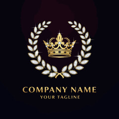 Elegant Gold Crown and Diamond Laurel Wreath Logo Design with Placeholder Text for Premium Company Branding, Flat Vector Elements, Vector Illustration, Simple Vector, Stylized Vector Drawing, Vector
