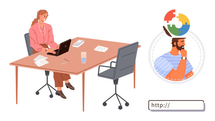 Professional sitting at desk with laptop, papers, and digital interface showing remote colleague. Ideal for teamwork, remote work, brainstorming, communication, technology, business simple flat