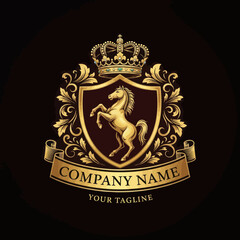 Majestic Golden Horse Emblem with Royal Crown and Heraldic Shield, surrounded by Ornate Filigree for Luxury Branding and Elegant Corporate Identity, Flat Vector Elements, Vector Illustration, Simple