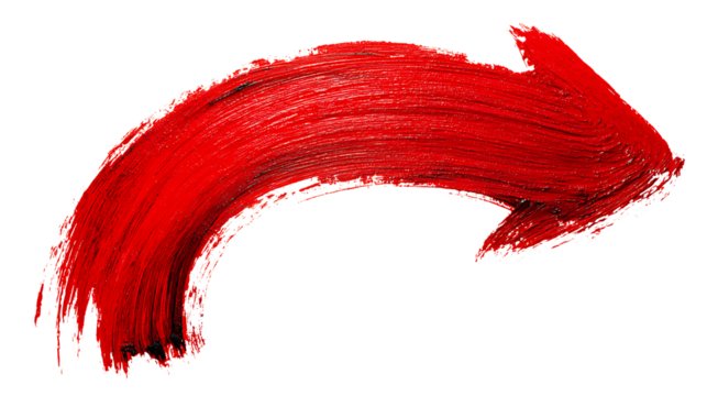 Red brush stroke arrow isolated on transparent background.