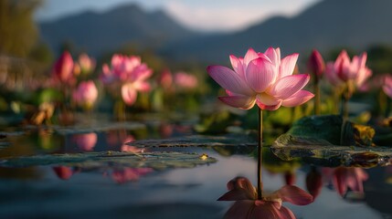 Pink lotus flowers blooming across a still pond, petals glowing under soft sunlight, blurred mountains in background, Chinese style photography with depth of field